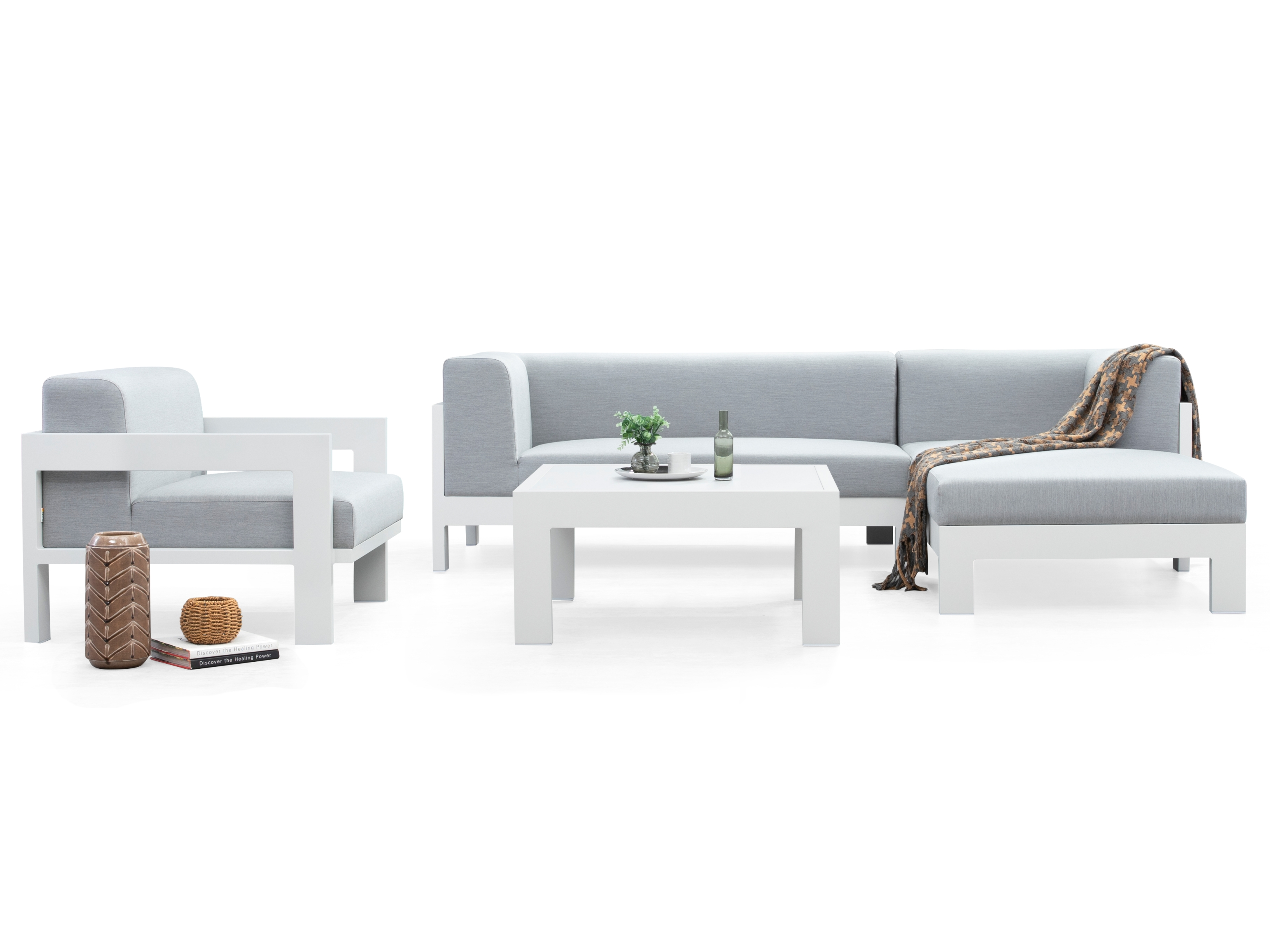 New Noosa White Outdoor Fabric Chaise Lounge With Armchair & Coffee Table 4