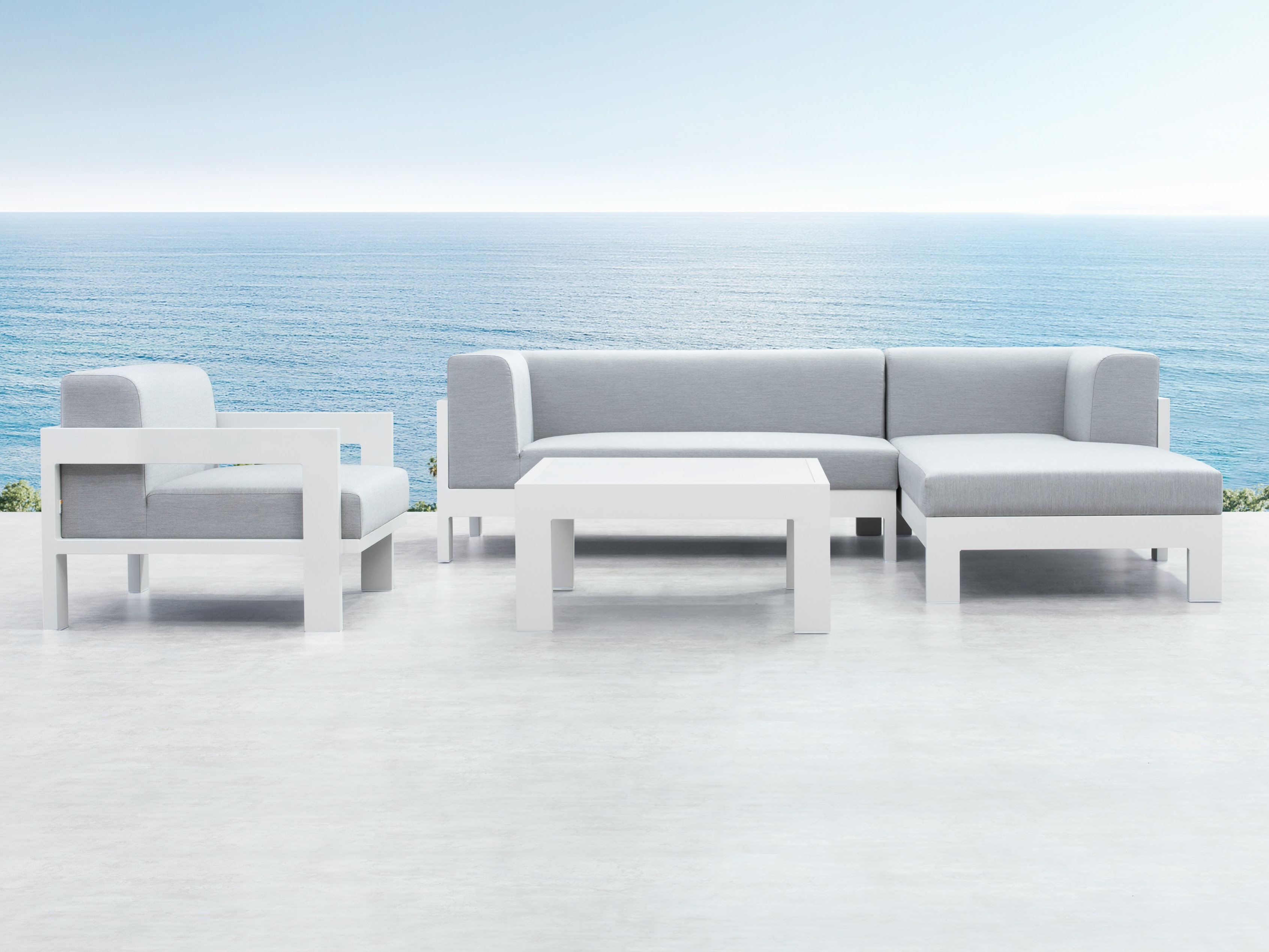 New Noosa White Outdoor Fabric Chaise Lounge With Armchair & Coffee Table 3