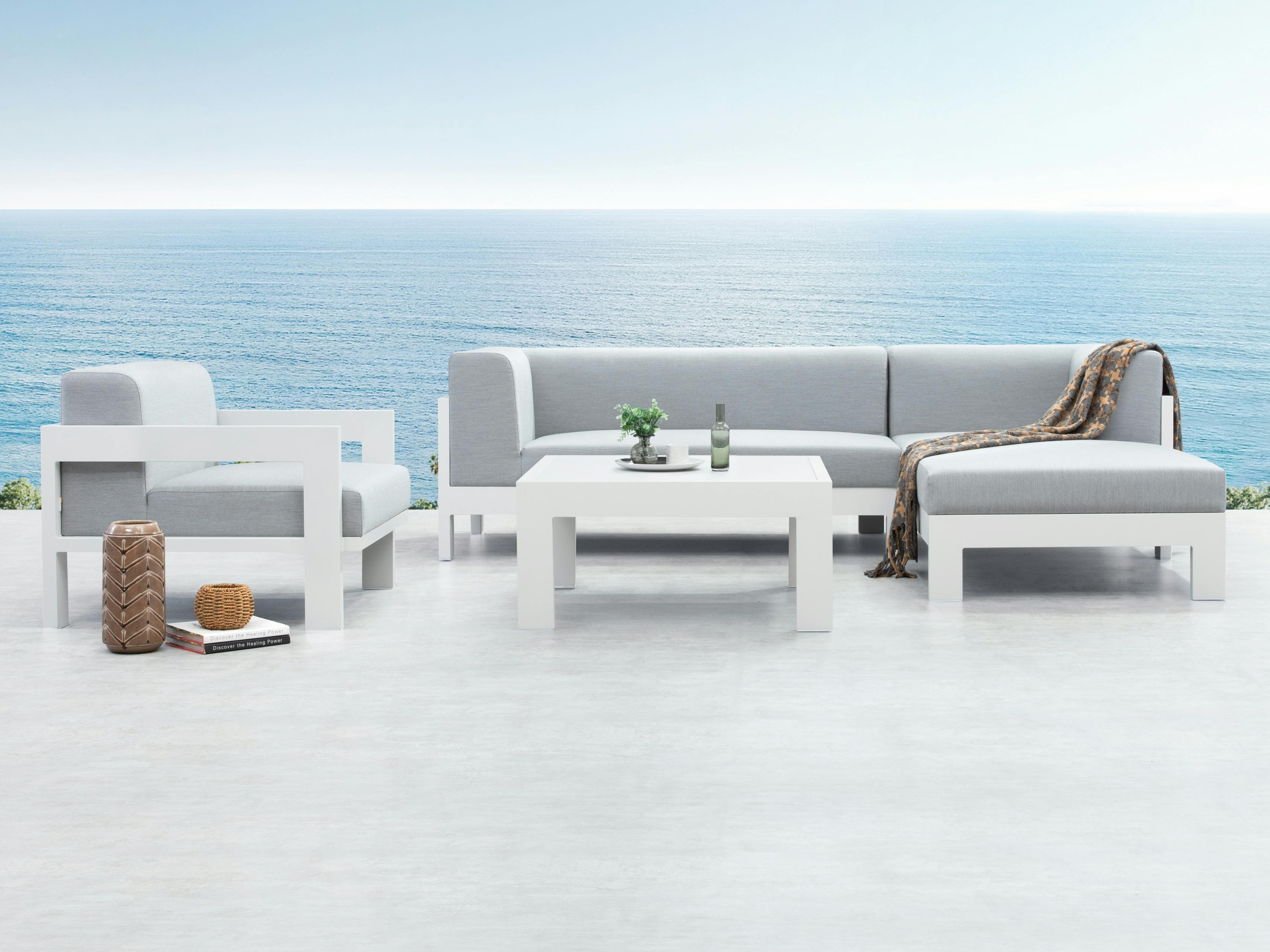 New Noosa White Outdoor Fabric Chaise Lounge With Armchair & Coffee Table