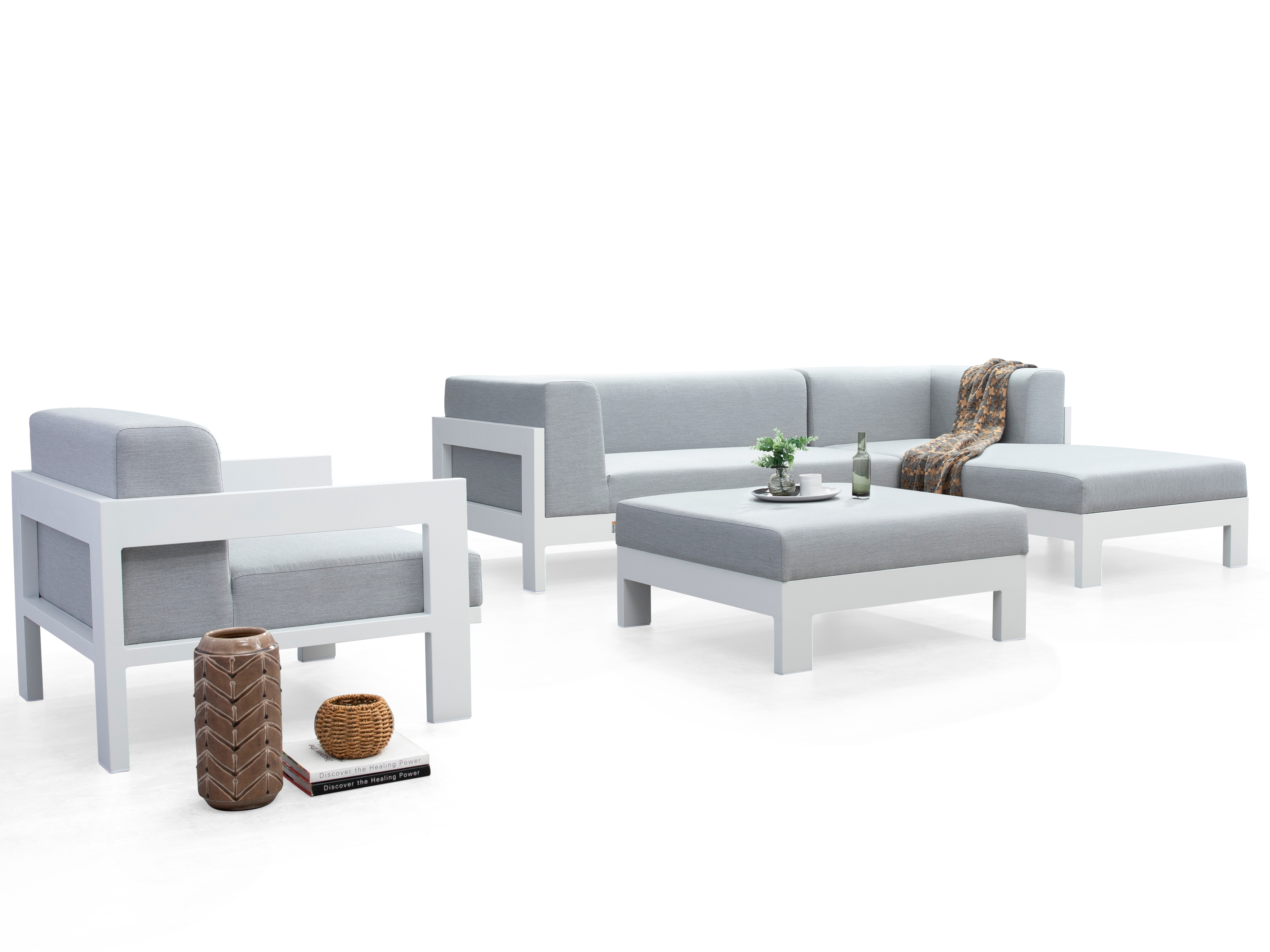 New Noosa White Outdoor Fabric Chaise Lounge With Armchair & Ottoman 6