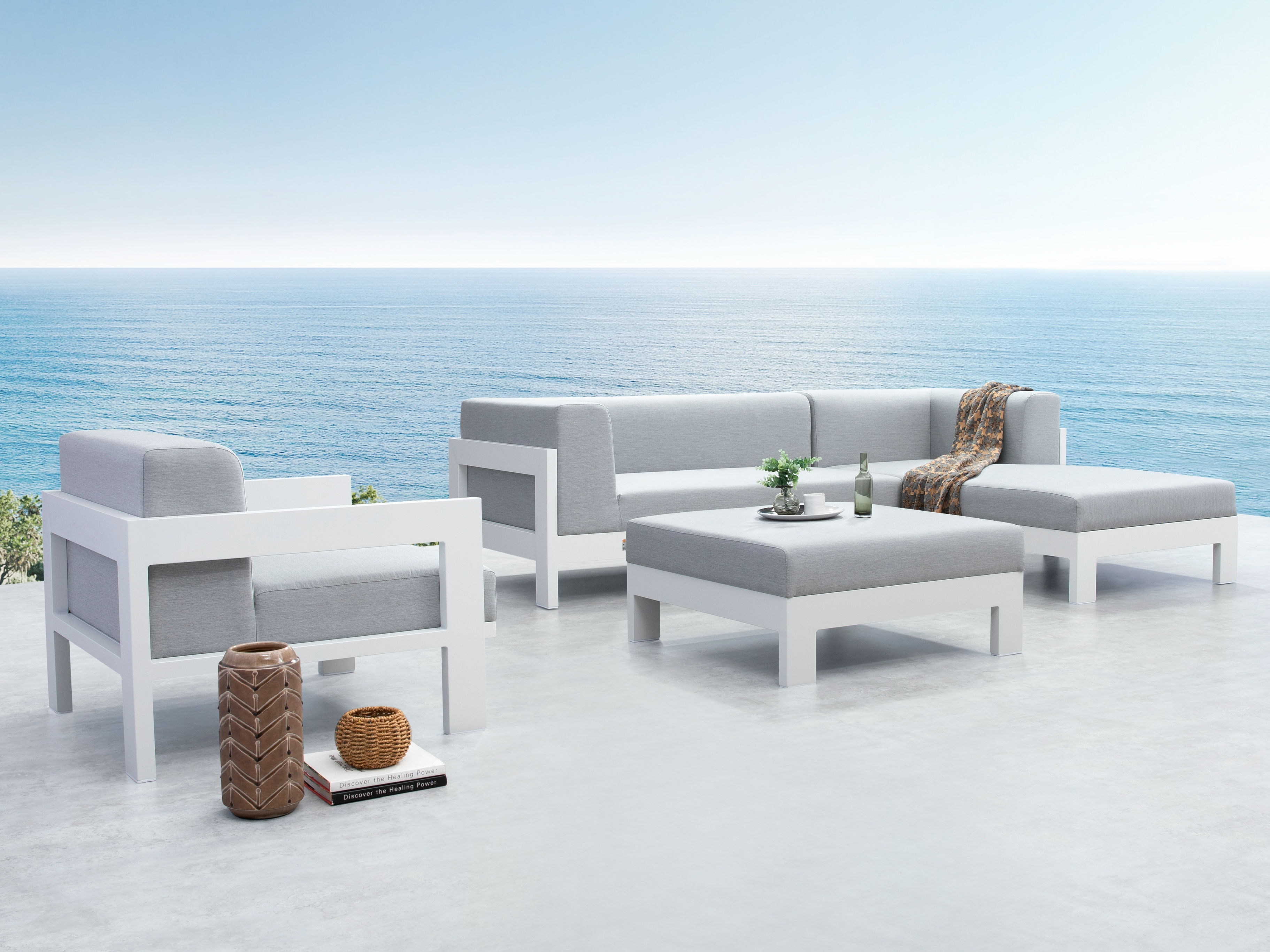 New Noosa White Outdoor Fabric Chaise Lounge With Armchair & Ottoman 3