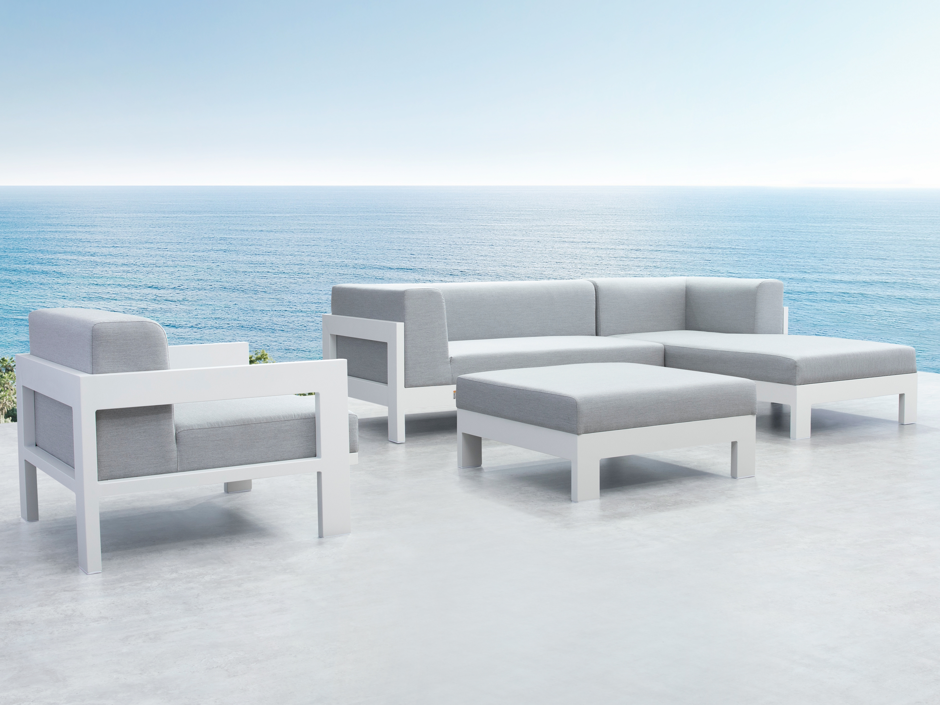 New Noosa White Outdoor Fabric Chaise Lounge With Armchair & Ottoman 4