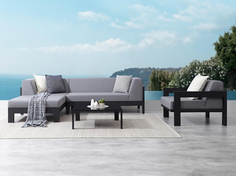 Noosa Black Outdoor Fabric Chaise Lounge With Armchair & Coffee Table