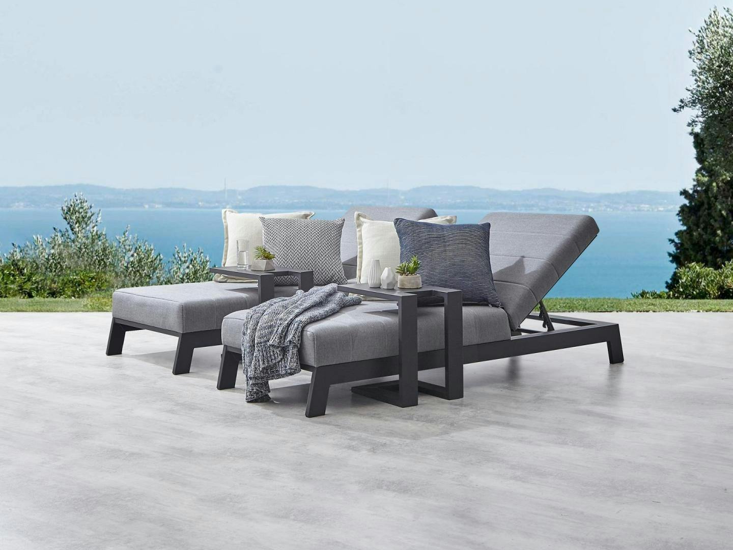 New Noosa Black Outdoor Fabric Sun Lounge Set With Side Tables