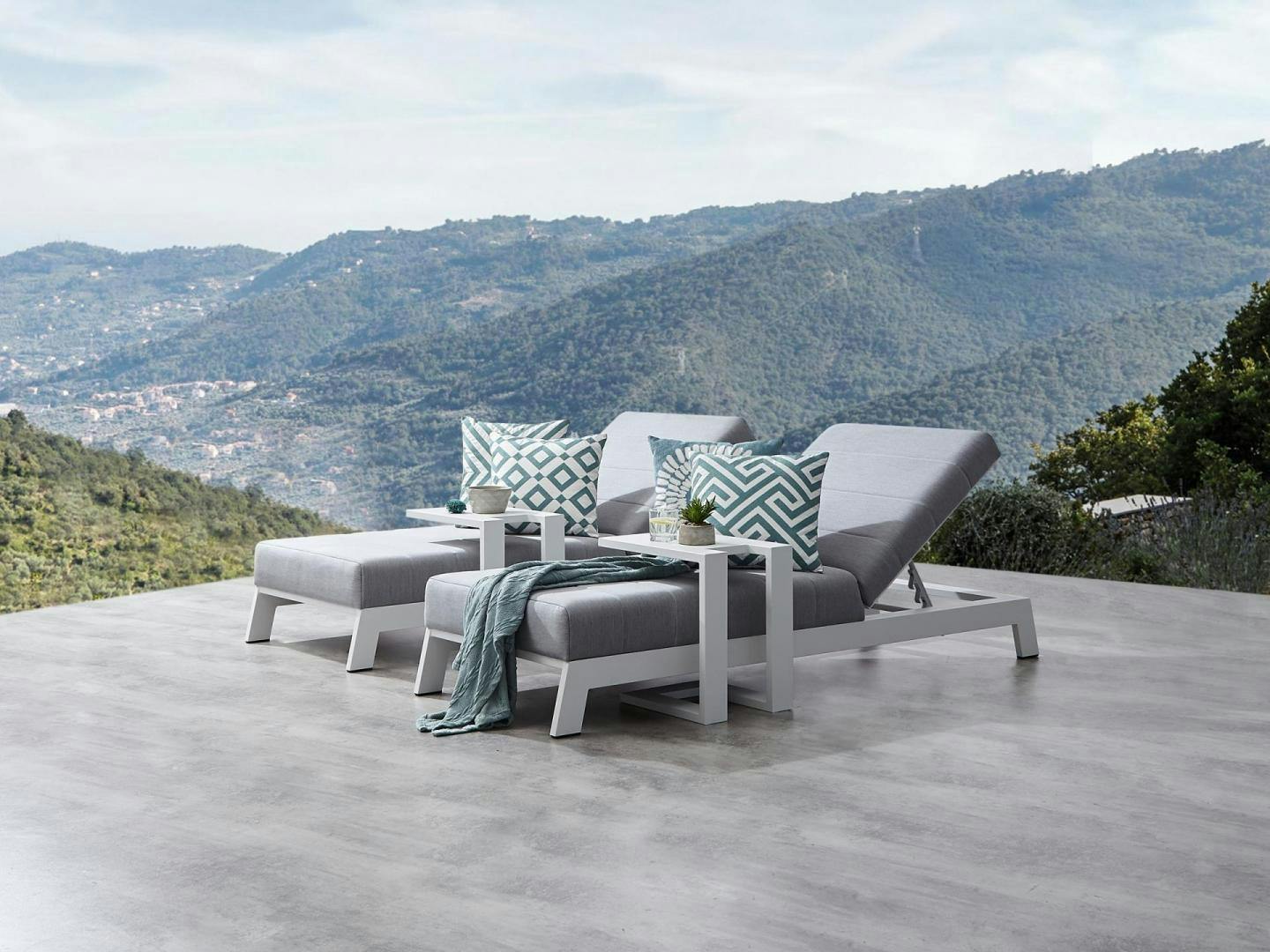 New Noosa White Outdoor Fabric Sun Lounge Set With Side Tables