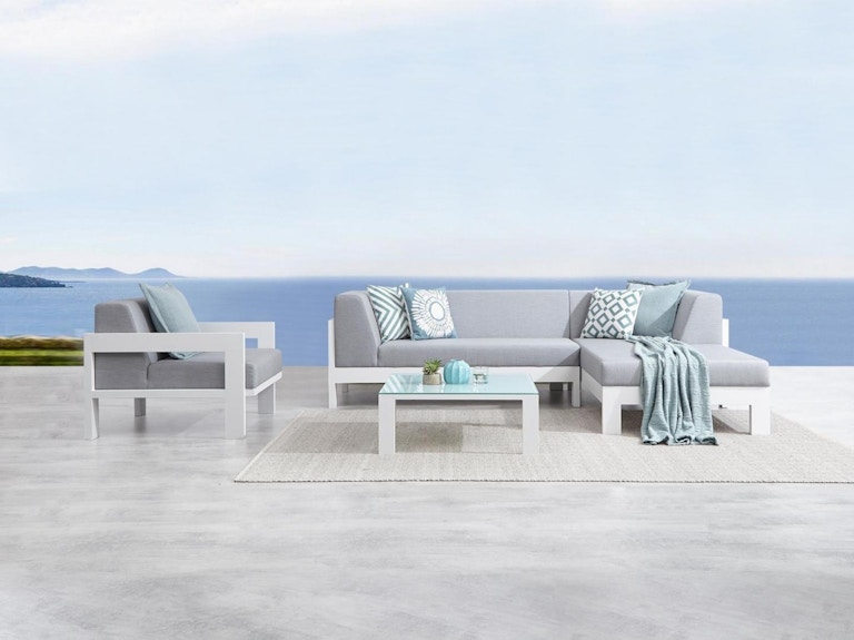 Noosa White Outdoor Fabric Chaise Lounge With Armchair & Coffee Table
