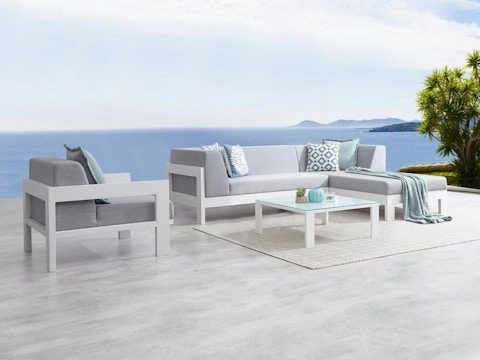 Lavi White Outdoor Fabric Chaise Lounge With Armchair & Coffee T 5