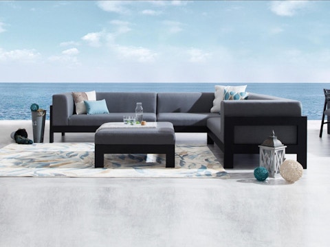 New Noosa Black Outdoor Fabric Corner Lounge With Ottoman 2