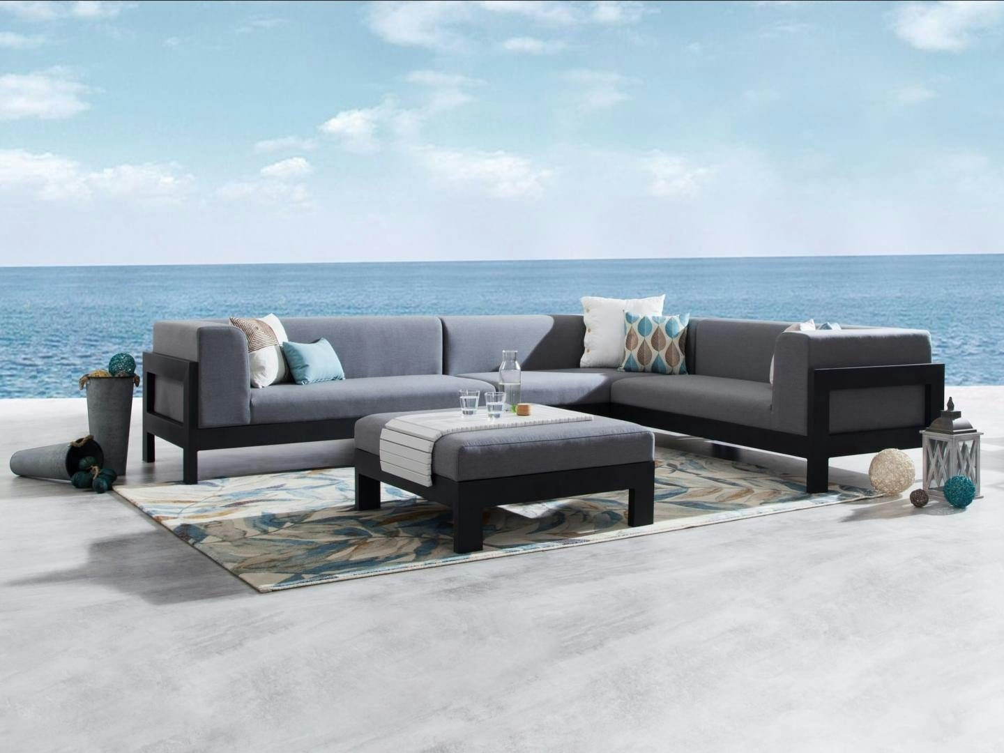 New Noosa Black Outdoor Fabric Corner Lounge With Ottoman