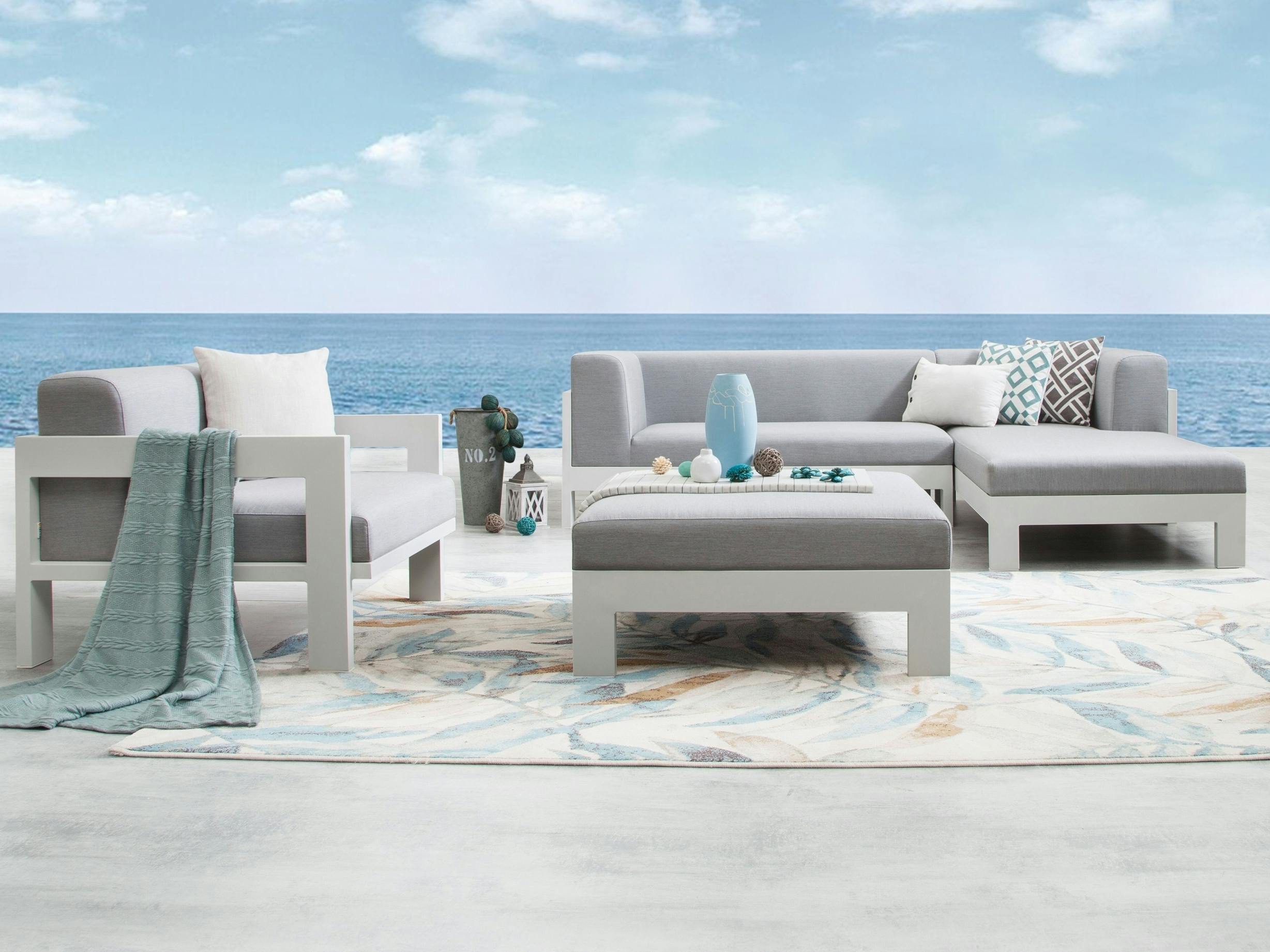 New Noosa White Outdoor Fabric Chaise Lounge With Armchair & Ottoman
