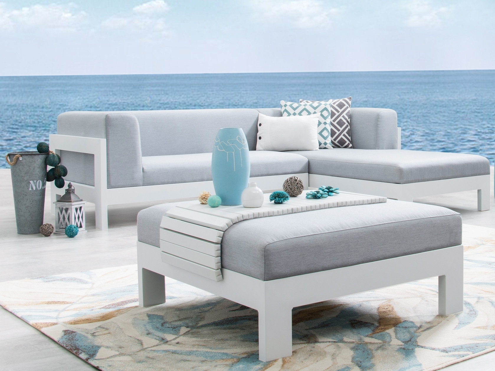 New Noosa White Outdoor Fabric Chaise Lounge With Armchair & Ottoman 2
