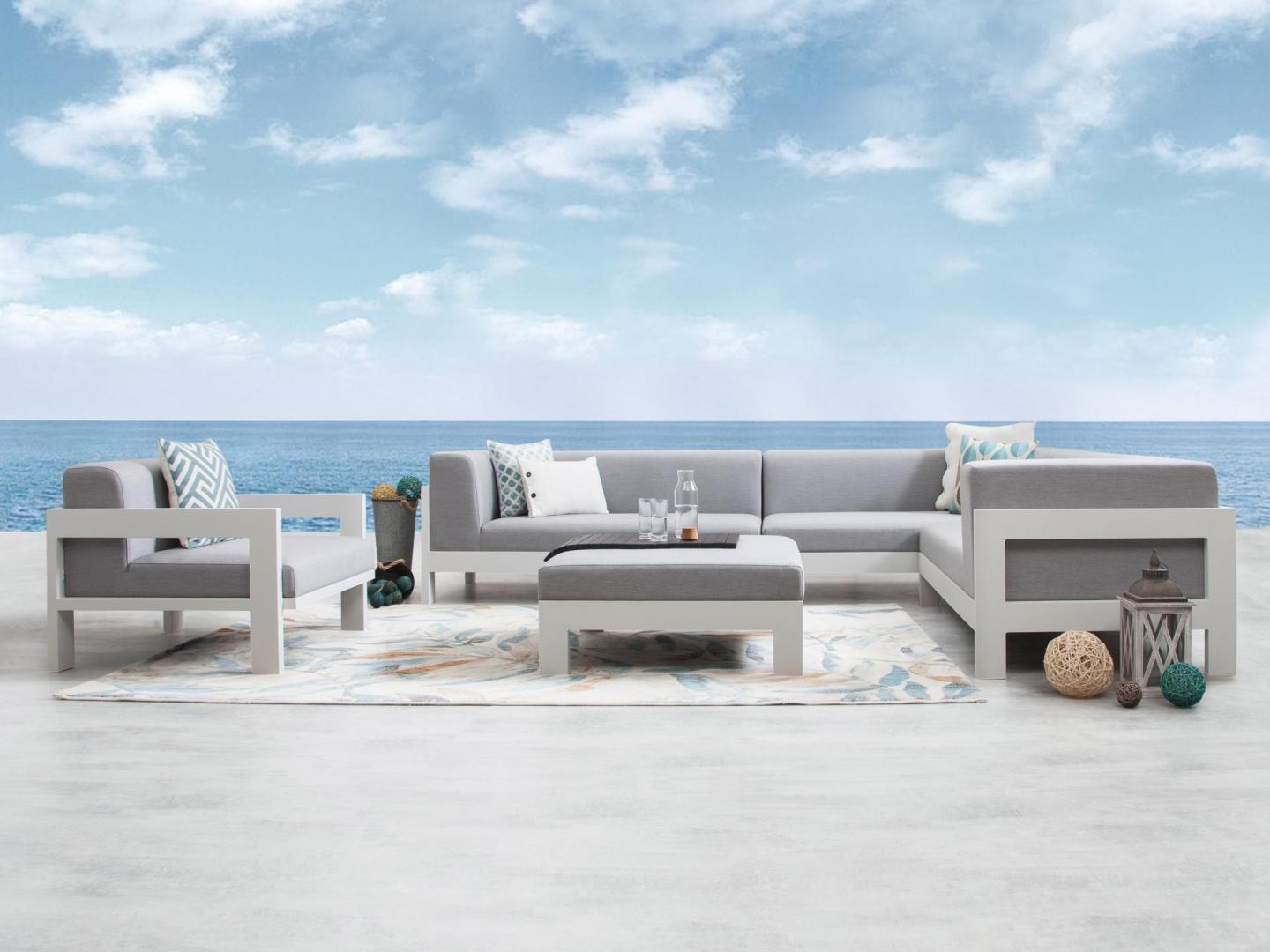 New Noosa White Outdoor Fabric Corner Lounge With Armchair And Ottoman 2