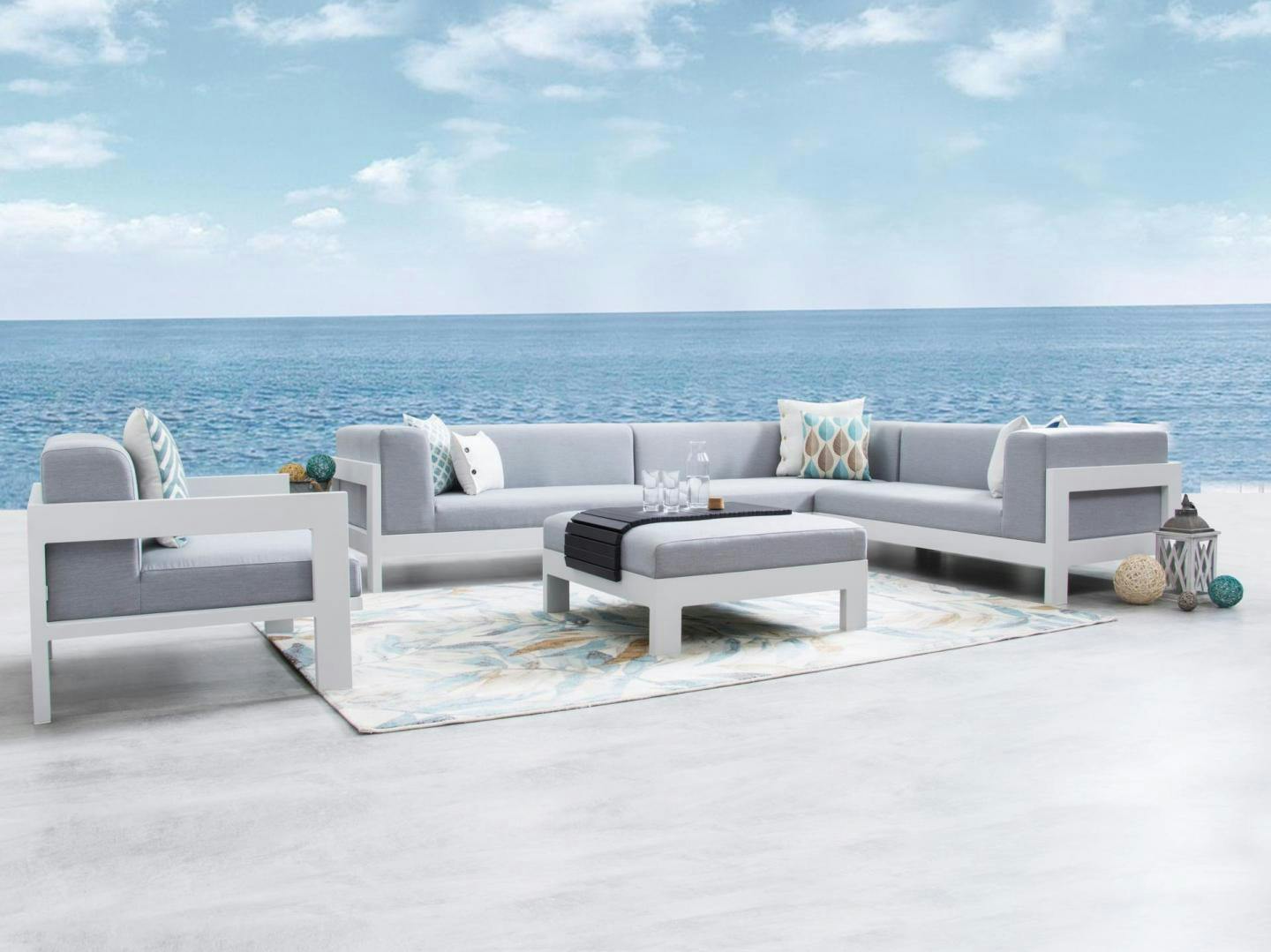 New Noosa White Outdoor Fabric Corner Lounge With Armchair And Ottoman