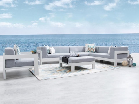 New Noosa White Outdoor Fabric Corner Lounge With Armchair And Ottoman 1
