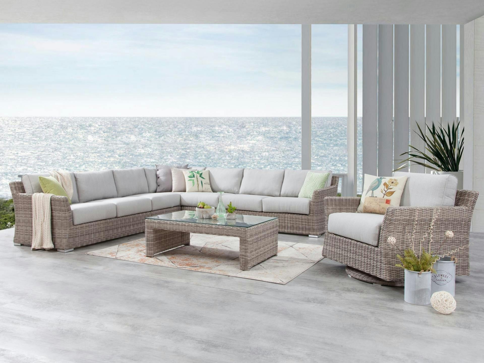 Savannah Outdoor Wicker Large Corner Lounge With Rocker Chair