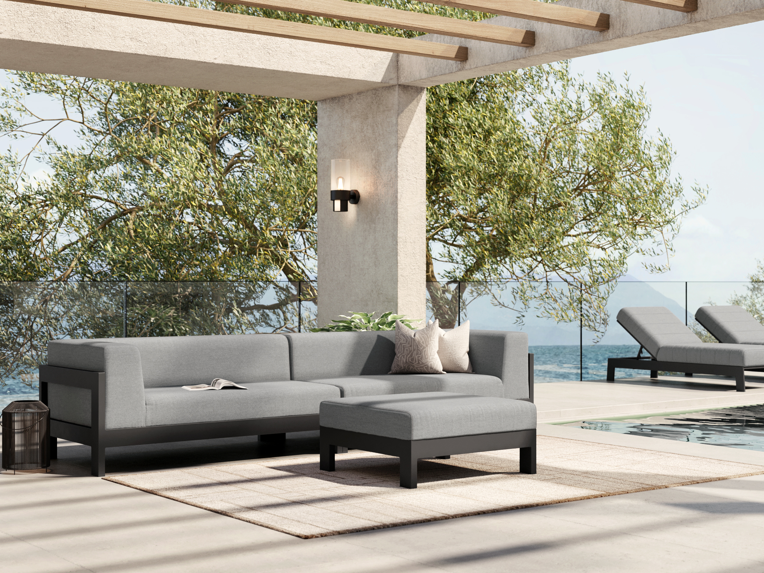 New Noosa Black Outdoor Fabric Lounge With Ottoman 4