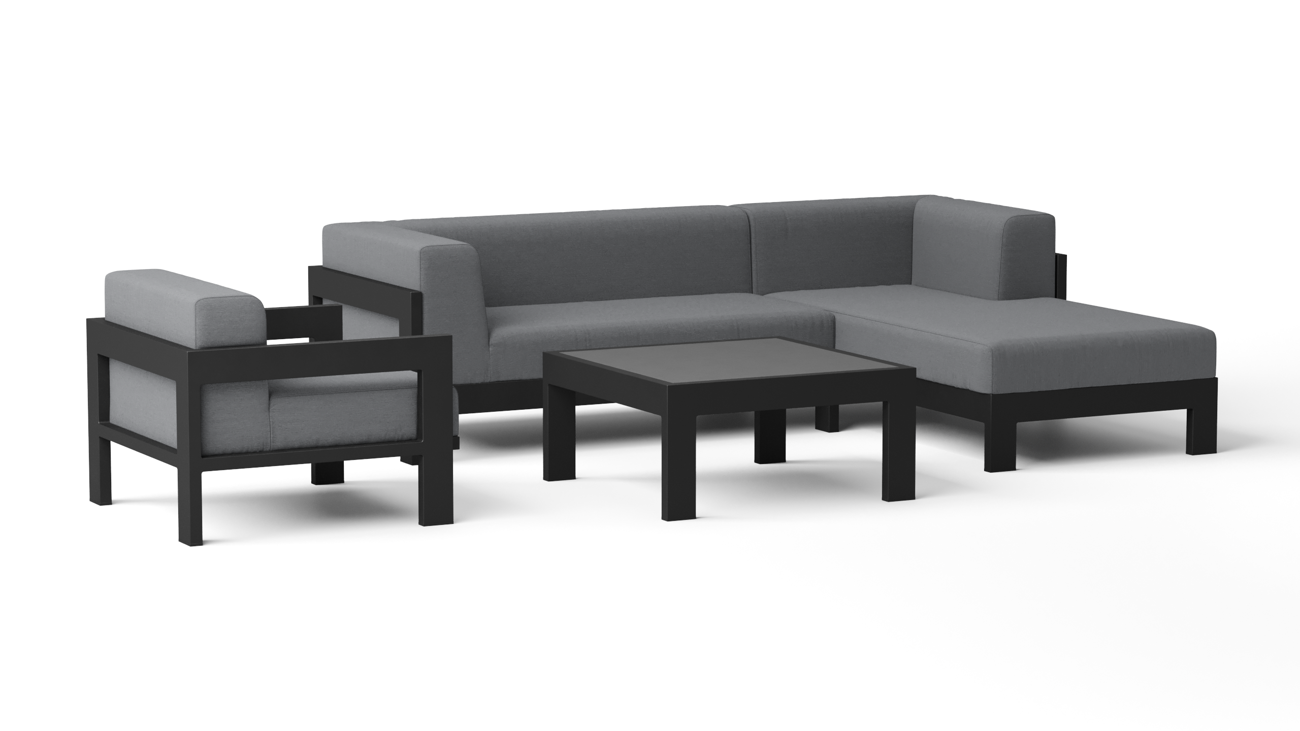 New Noosa Black Outdoor Fabric Chaise Lounge With Armchair & Coffee Table