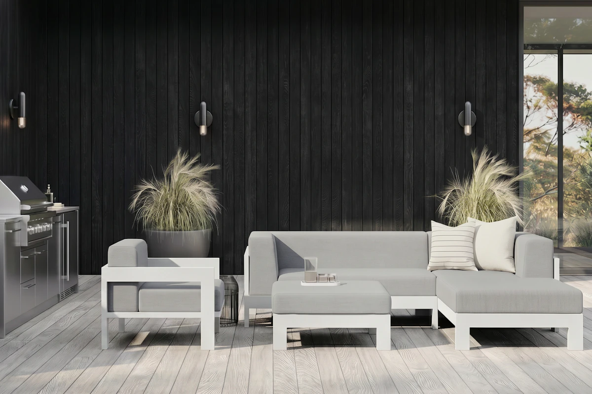 Noosa white outdoor corner lounge set in considered outdoor bbq area ap