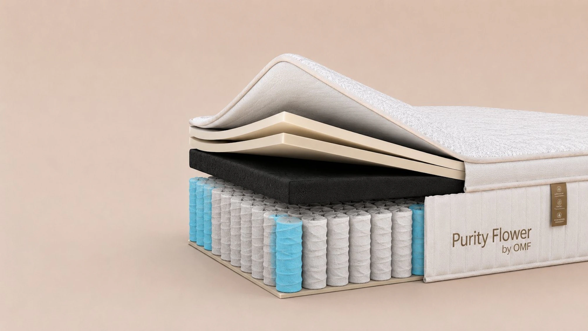 Purity Flower mattress cutaway showing its internal layers, from the breathable cooling cover down to the zero-glue pocket spring system and base foam